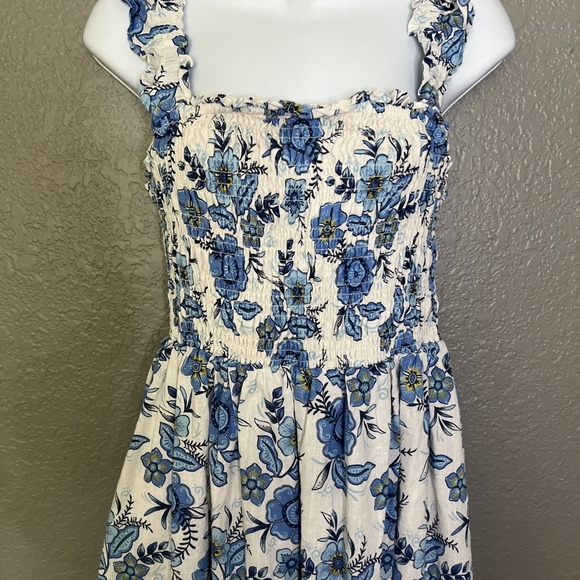 Haute Hippie Ruffle‎ Floral Blue Midi Dress Sz 4 Tiered Peasant Boho Smocked - Picture 2 of 9